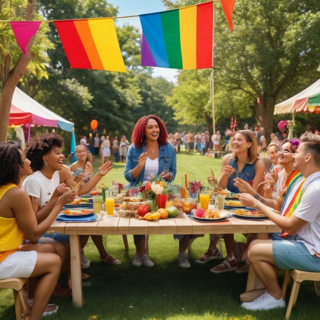 A lively outdoor gathering featuring diverse LGBTQ+ individuals engaging in playful conversation, laughter, and vibrant interactions. Include colorful banners and festive decorations, with people dressed in stylish, expressive clothing. The background should have a sunny park setting with trees and a rainbow flag waving, symbolizing inclusivity and connection. super-realistic. vibrant colors. sunny atmosphere.