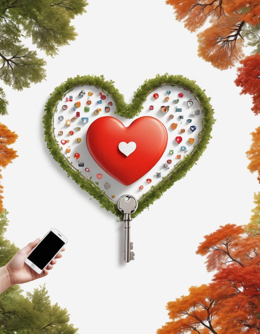 A heart-shaped key symbolizing love, intertwined with a digital network of social media icons and a serene nature backdrop. Include elements like diverse couples enjoying each other's company both online (smartphones, laptops) and offline (picnics, walks in the park). Use warm tones to evoke passion and connection. charming and inviting. super-realistic. vibrant colors. white background.